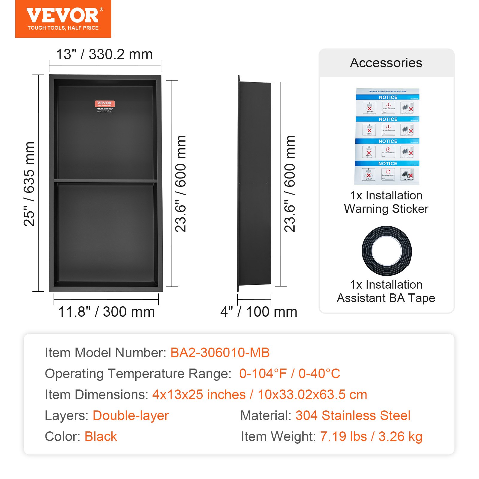 VEVOR Wall Niche 10x33.02x63.5cm Shower Niche Stainless Steel Niche Double Layer 100% Waterproof Niche Installation 0-40°C Operating Temperature 92° Internal Corner Design Ideal for Bathroom Bedroom Study