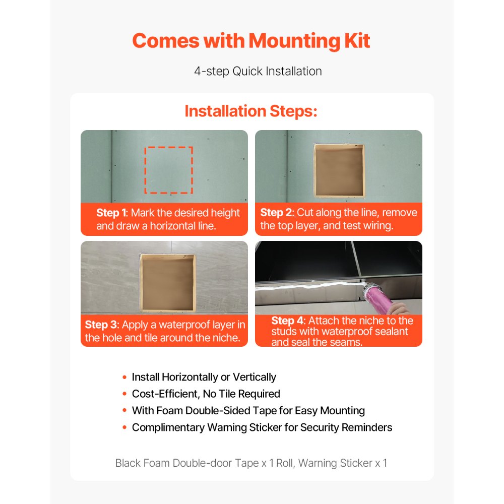 VEVOR Nicho de Ducha Empotrado 33 x 33 x 10,2 cm Estante Divisor de Pared de Acero Inoxidable Organizador de Jabón y Champú con Marco Sellado Impermeable Duradero Fácil de Instalar para Baño, Negro