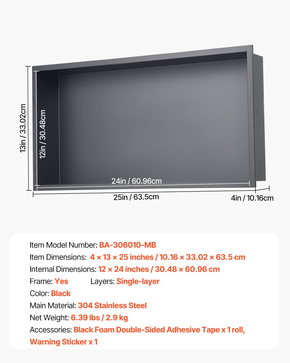 VEVOR Nicho de Ducha Empotrado 33x63,5x10,2 cm Estante Divisor de Pared de Acero Inoxidable Organizador de Jabón y Champú con Marco Sellado Impermeable Duradero Fácil de Instalar para Baño, Negro