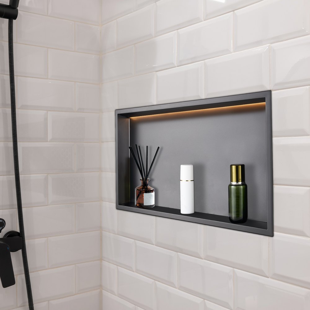 VEVOR Nicho de Ducha Empotrado 33x63,5x10,2 cm Estante Divisor de Pared de Acero Inoxidable Organizador de Jabón y Champú con Tira LED Sellado Impermeable Duradero Fácil de Instalar para Baño, Negro