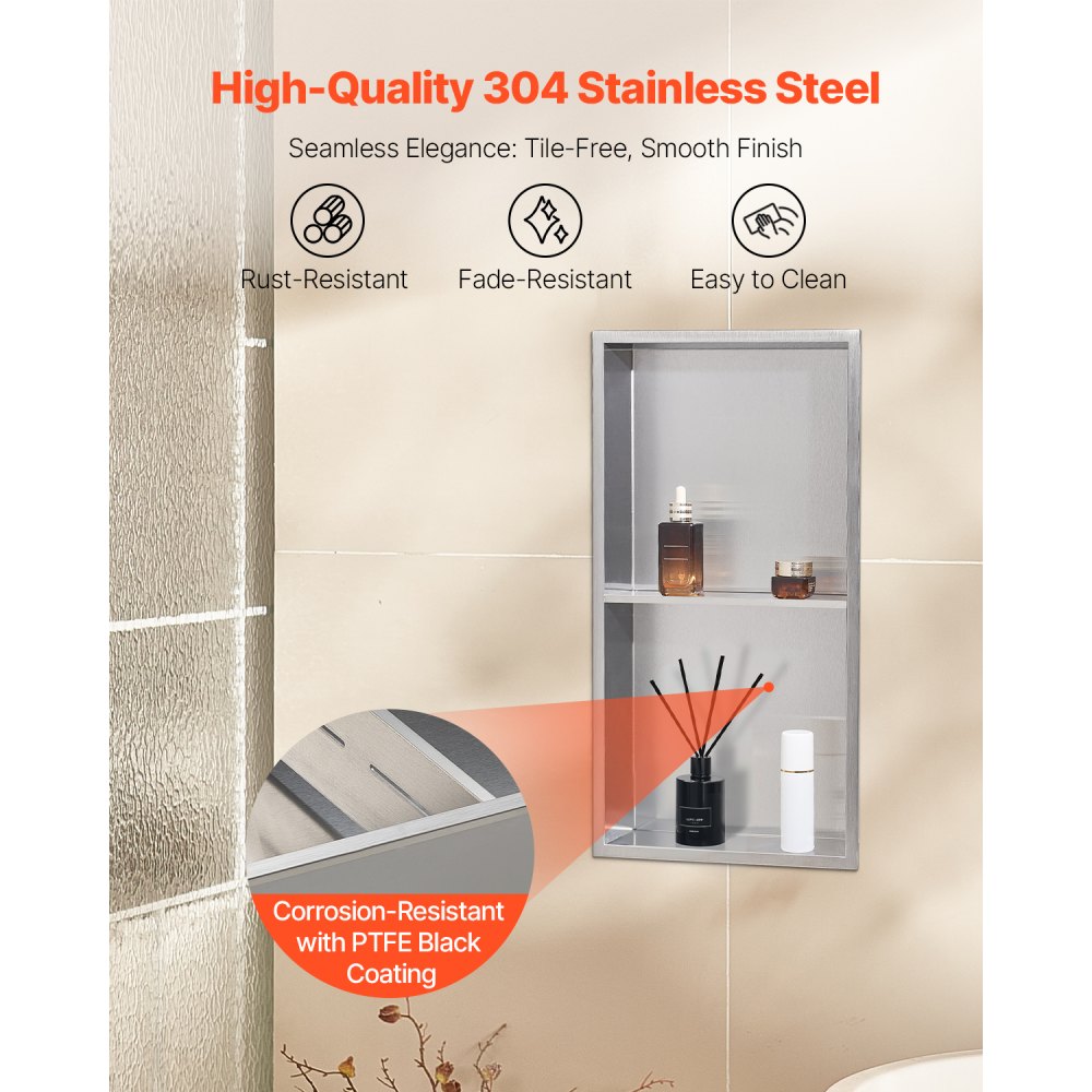 VEVOR Shower Niche, 10.16x33.02x63.5 cm, Double-Layered Wall Niche with Hollowed-Out Partition, Stainless Steel Shampoo Storage Organizer, Shower Shelf, Silver for Bathroom