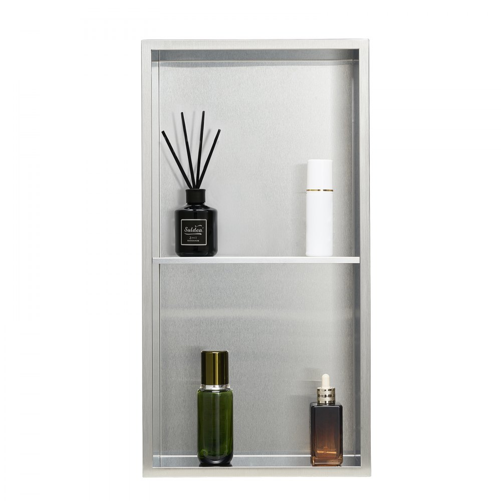 VEVOR Shower Niche, 10.16x33.02x63.5 cm, Double-Layered Wall Niche with Hollowed-Out Partition, Stainless Steel Shampoo Storage Organizer, Shower Shelf, Silver for Bathroom