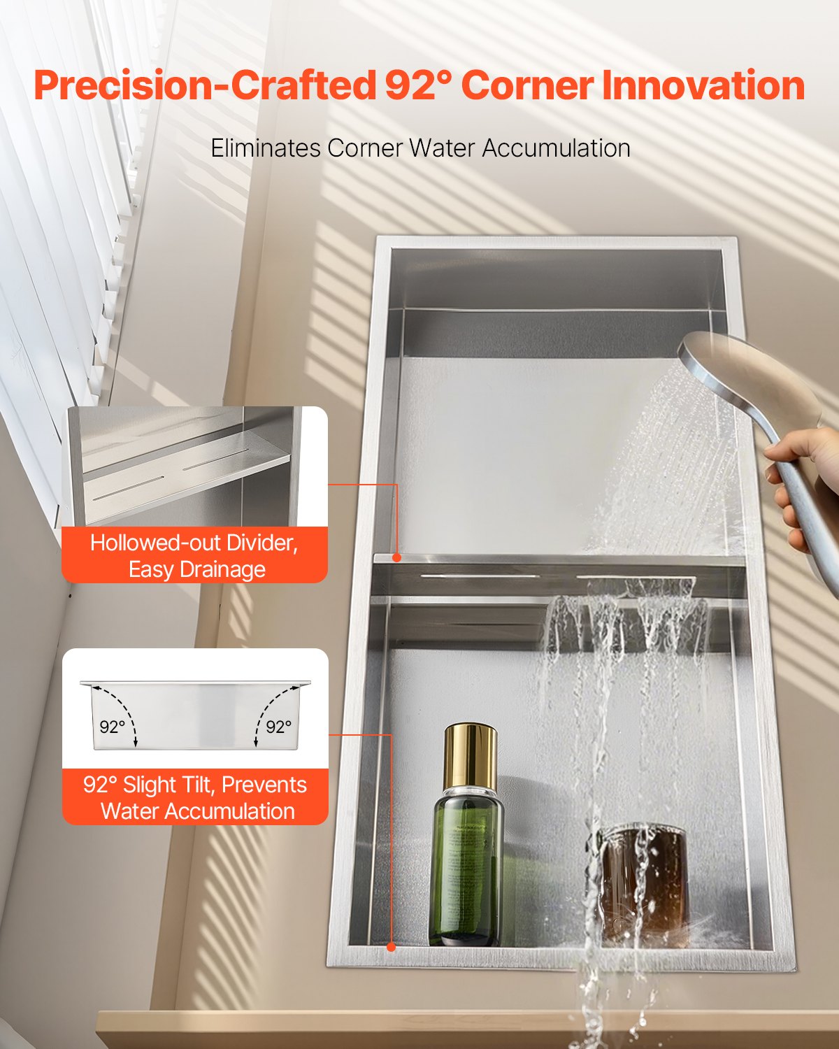 VEVOR Shower Niche, 10.16x33.02x63.5 cm, Double-Layered Wall Niche with Hollowed-Out Partition, Stainless Steel Shampoo Storage Organizer, Shower Shelf, Silver for Bathroom