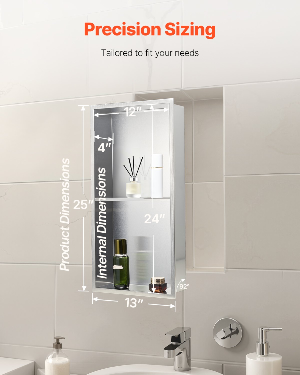 VEVOR Nicho de Ducha Empotrado 33x63,5x10,2 cm Estante Divisor de Pared de Acero Inoxidable Organizador de Jabón y Champú con Marco Sellado Impermeable Duradero Fácil de Instalar para Baño, Plata