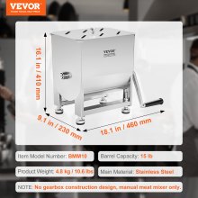 VEVOR Mezclador Manual de Carne de 10 L de Acero Inoxidable 460 x 230 x 410 mm