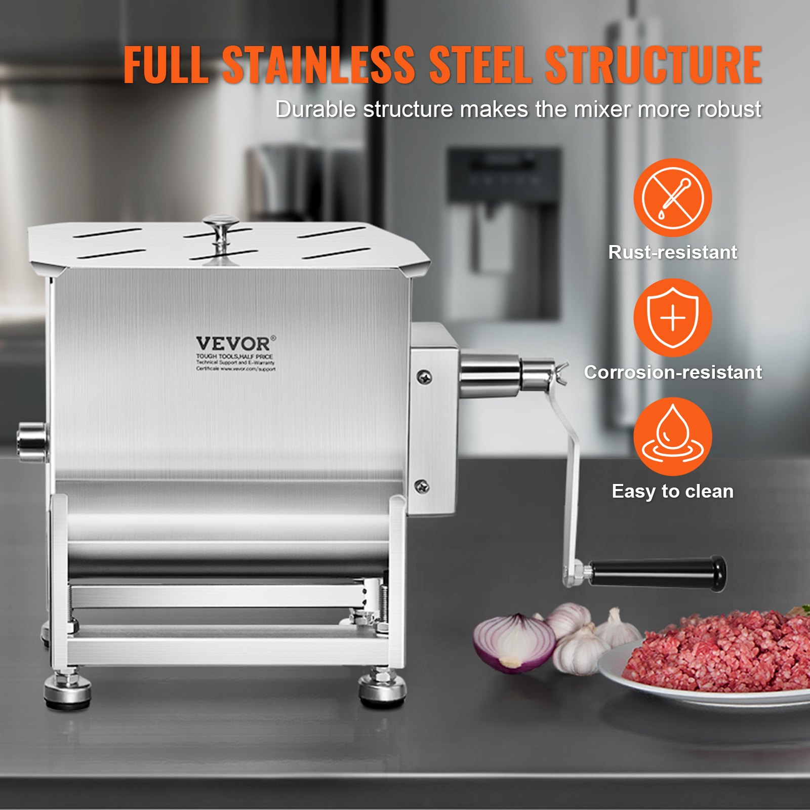 VEVOR Mezclador Manual de Carne de 20 L Acero Inoxidable de 568 x 330 x 450 mm