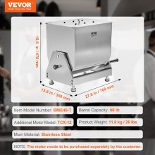 VEVOR Mezclador de Carne Manual con Inclinación de 40 L Acero 700 x 350 x 470 mm