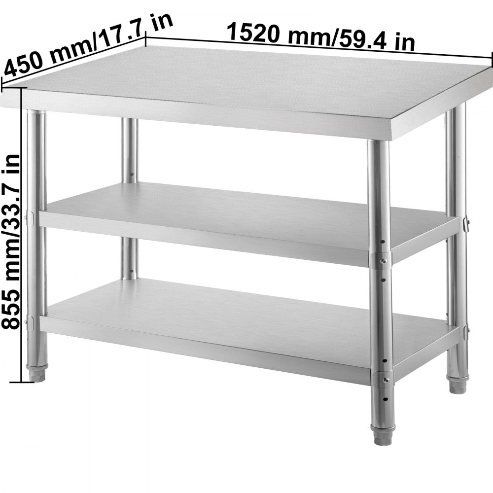 VEVOR Mesa de Preparación 60x14x33 pulgadas Mesa de Trabajo de Acero Inoxidable Mesa de Preparación de Comida, Capacidad de Carga 180 kg con 2 Estantes Ajustables para Cocina, Restaurante y Escuela