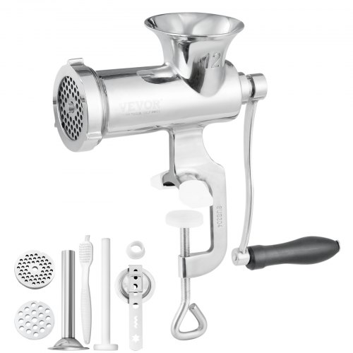 VEVOR Picadora de Carne Manual de Acero Inoxidable Picadora Manual de Manivela 2 Placas de Picado de 5 y 8 mm Empujador de Salchichas Fijación Firme Mejorada por abrazadera Para Picar Carne Carnicería