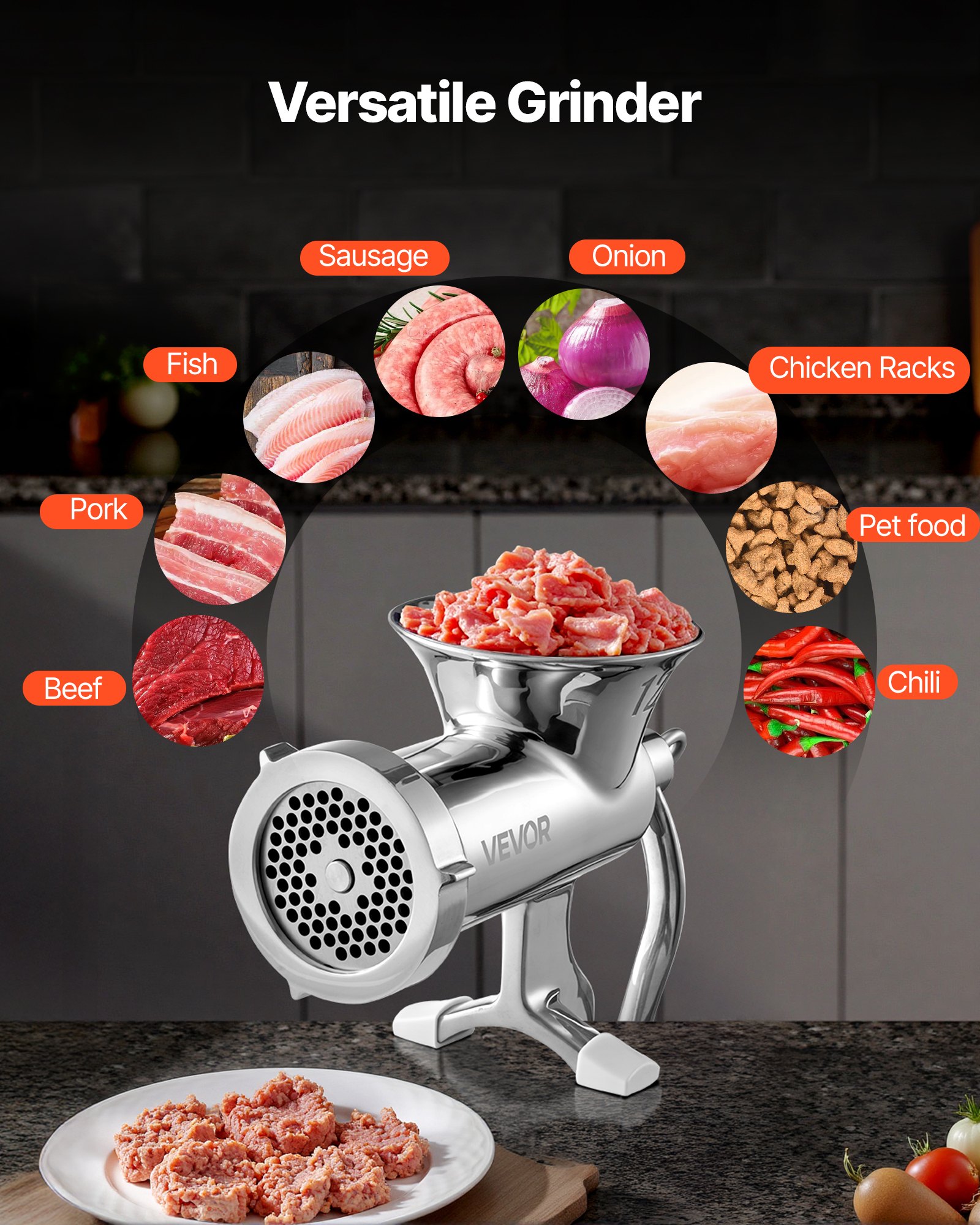 VEVOR Picadora de Carne Manual de Acero Inoxidable Picadora Manual de Manivela 2 Placas de Picado de 5 y 8 mm Empujador de Salchichas Fijación Firme Mejorada por abrazadera Para Picar Carne Carnicería