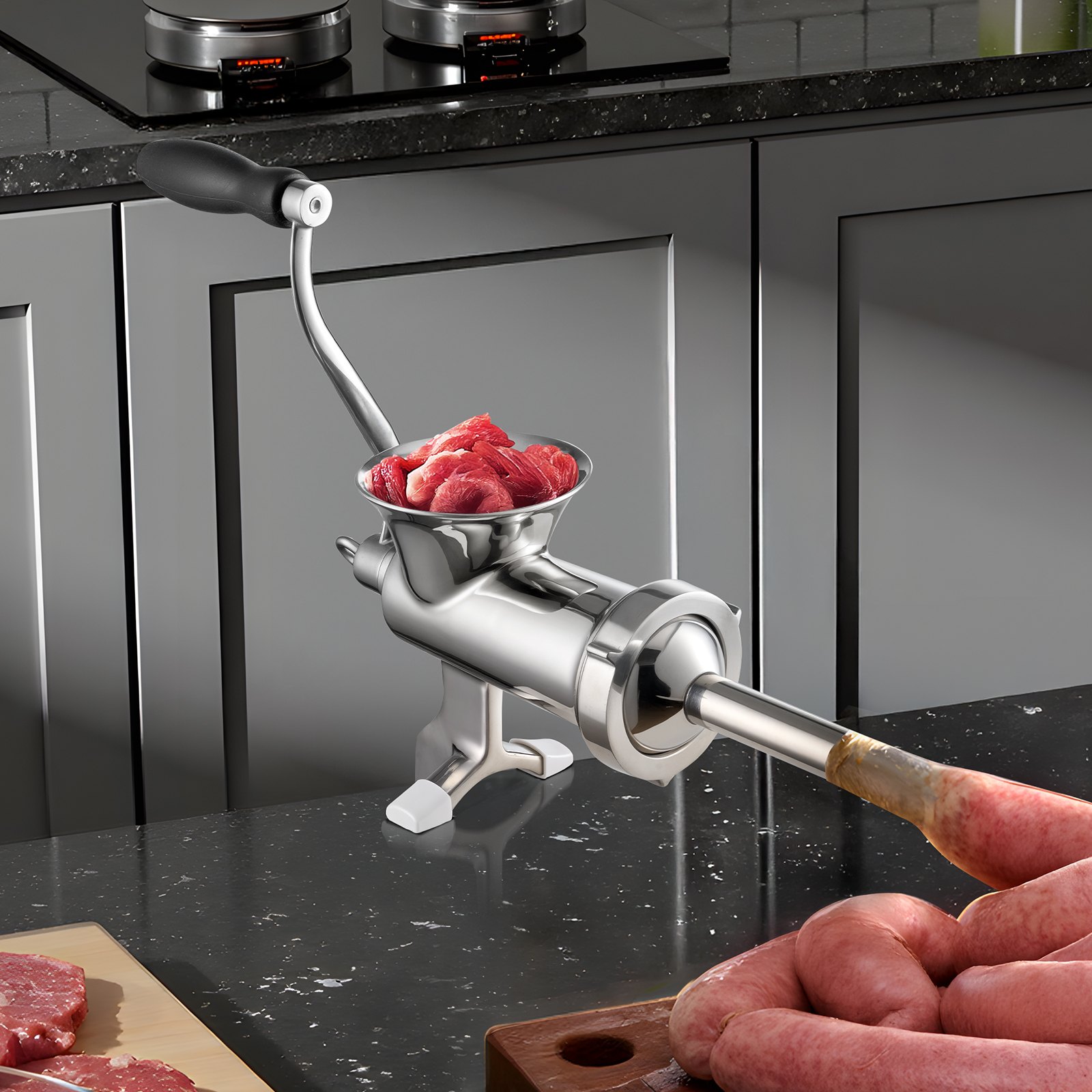 VEVOR Picadora de Carne Manual de Acero Inoxidable Picadora Manual de Manivela 2 Placas de Picado de 5 y 8 mm Empujador de Salchichas Fijación Firme Mejorada por abrazadera Para Picar Carne Carnicería