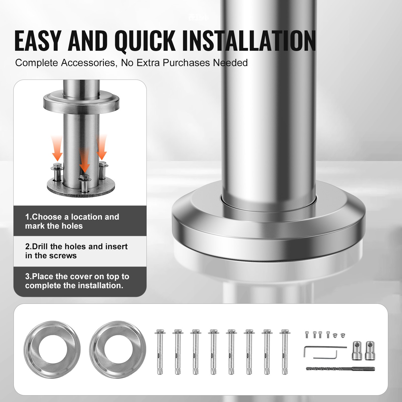 VEVOR Pasamanos de Escalera 100 cm Barandilla de Escalera para Escalones Exteriores de Acero Inoxidable con Kit de Instalación Barra de Agarre de Doble Columna para Personas Mayores, Porche, Patio