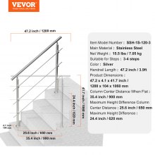 VEVOR Barandilla de Escalera 120 cm Pasamanos de Acero Inoxidable 3 Travesaños