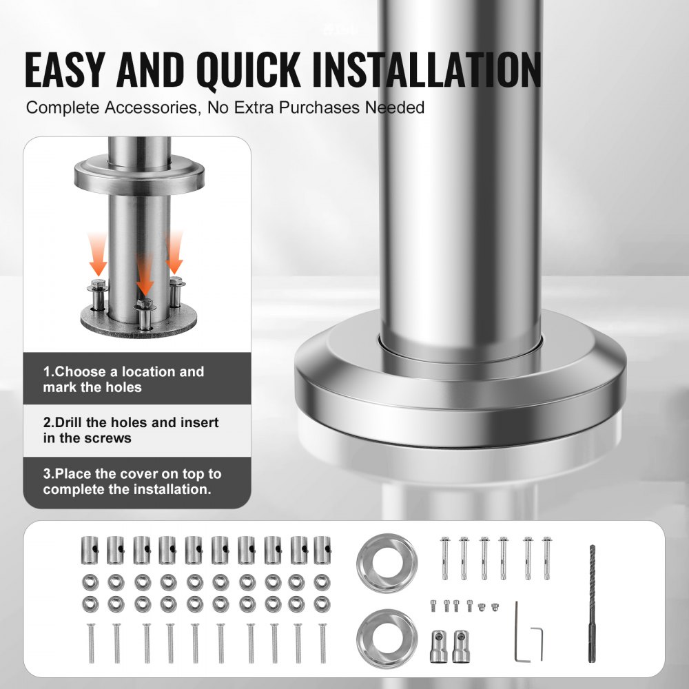 VEVOR Pasamanos de Escalera 150 cm Barandilla de Escalera para Escalones Exteriores de Acero Inoxidable 5 Travesaños con Kit de Instalación Barra de Agarre para Personas Mayores, Porche, Patio