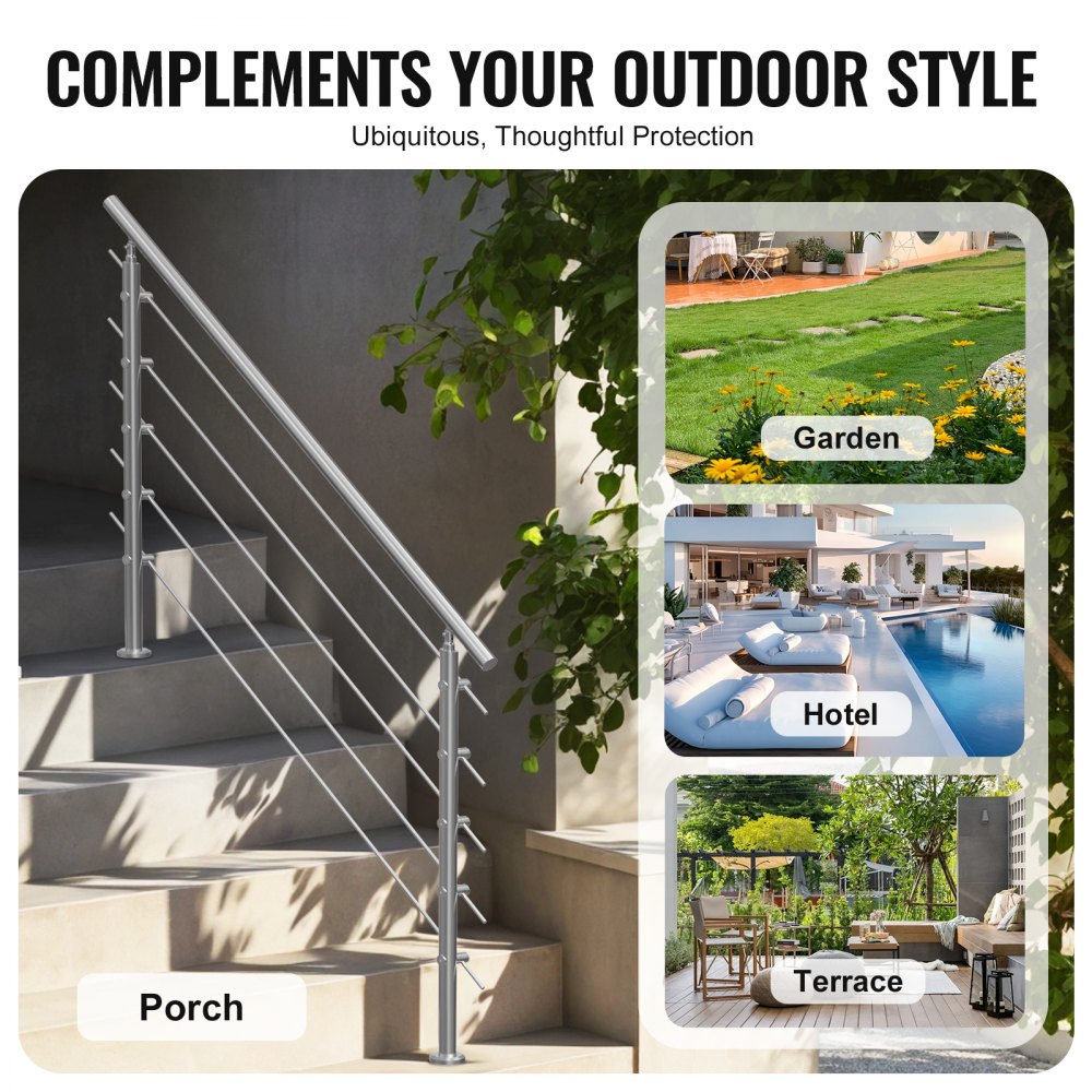 VEVOR Pasamanos de Escalera 150 cm Barandilla de Escalera para Escalones Exteriores de Acero Inoxidable 5 Travesaños con Kit de Instalación Barra de Agarre para Personas Mayores, Porche, Patio