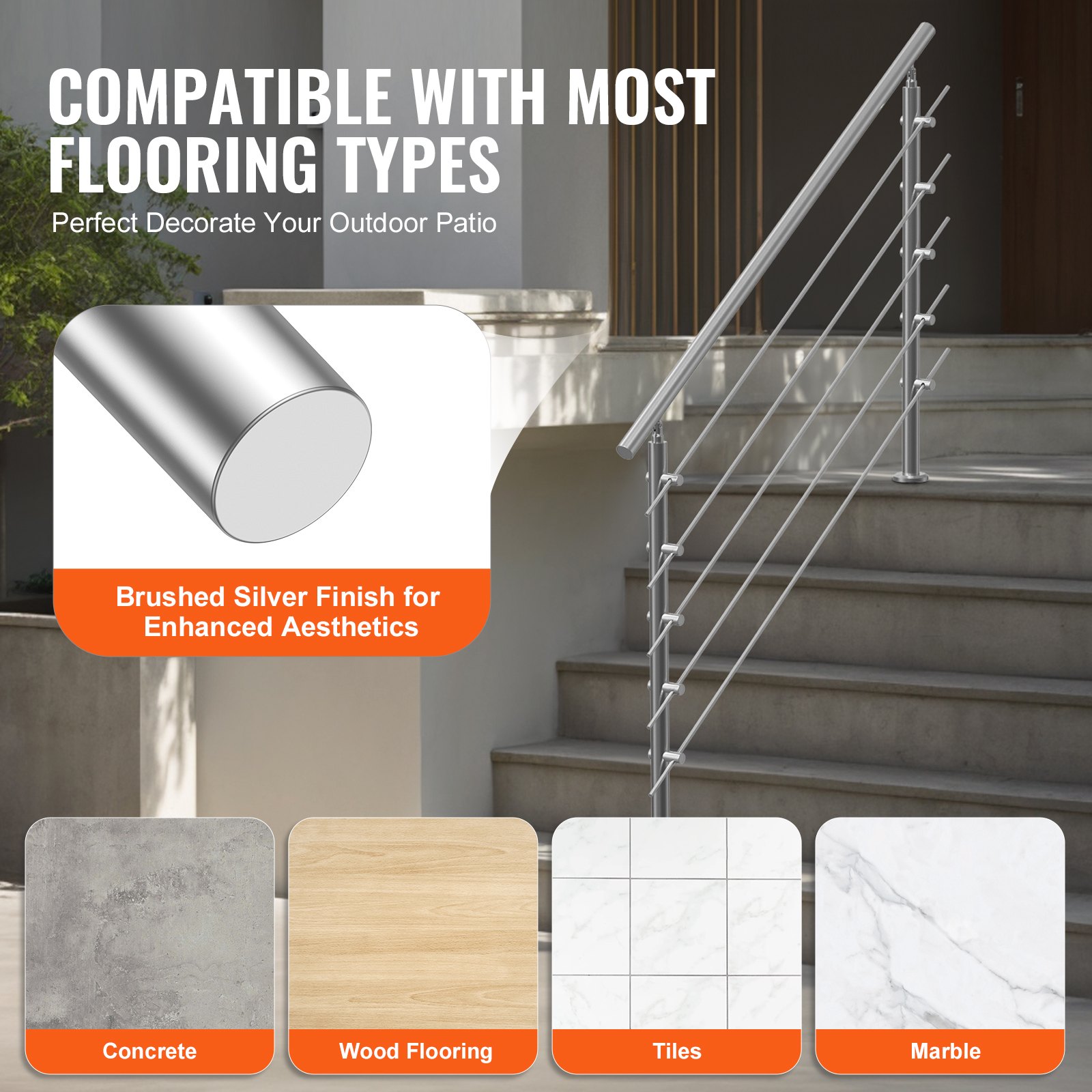 VEVOR Pasamanos de Escalera 150 cm Barandilla de Escalera para Escalones Exteriores de Acero Inoxidable 5 Travesaños con Kit de Instalación Barra de Agarre para Personas Mayores, Porche, Patio