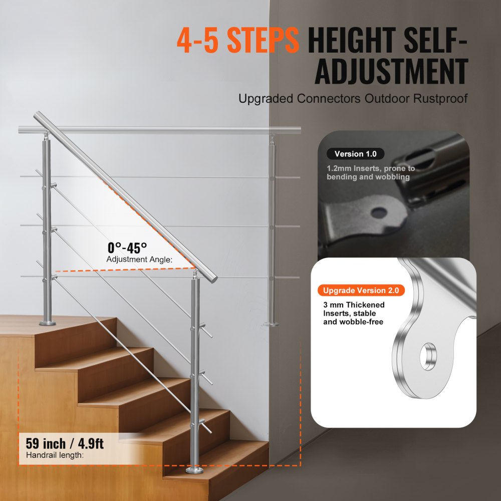 VEVOR Pasamanos de Escalera 150 cm Barandilla de Escalera para Escalones Exteriores de Acero Inoxidable 3 Travesaños con Kit de Instalación Barra de Agarre para Personas Mayores, Porche, Patio