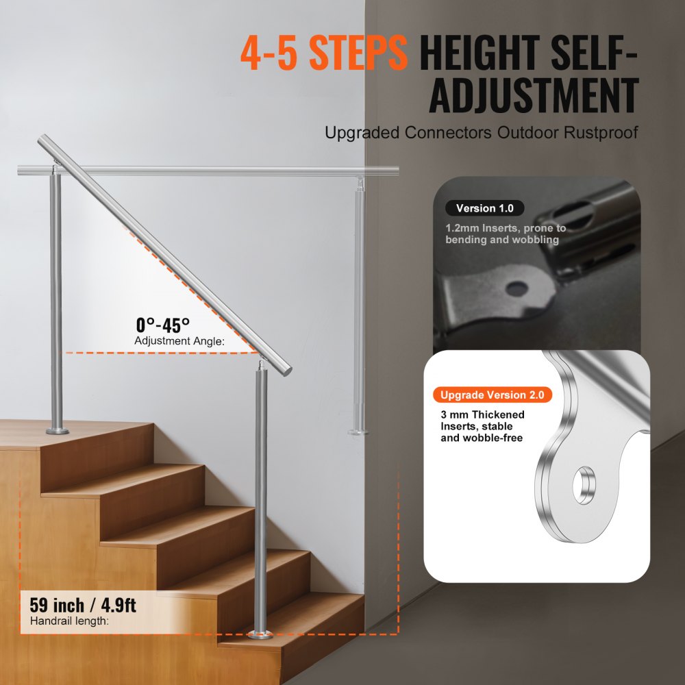 VEVOR Pasamanos de Escalera 150 cm Barandilla de Escalera para Escalones Exteriores de Acero Inoxidable con Kit de Instalación Barra de Agarre de Doble Columna para Personas Mayores, Porche, Patio