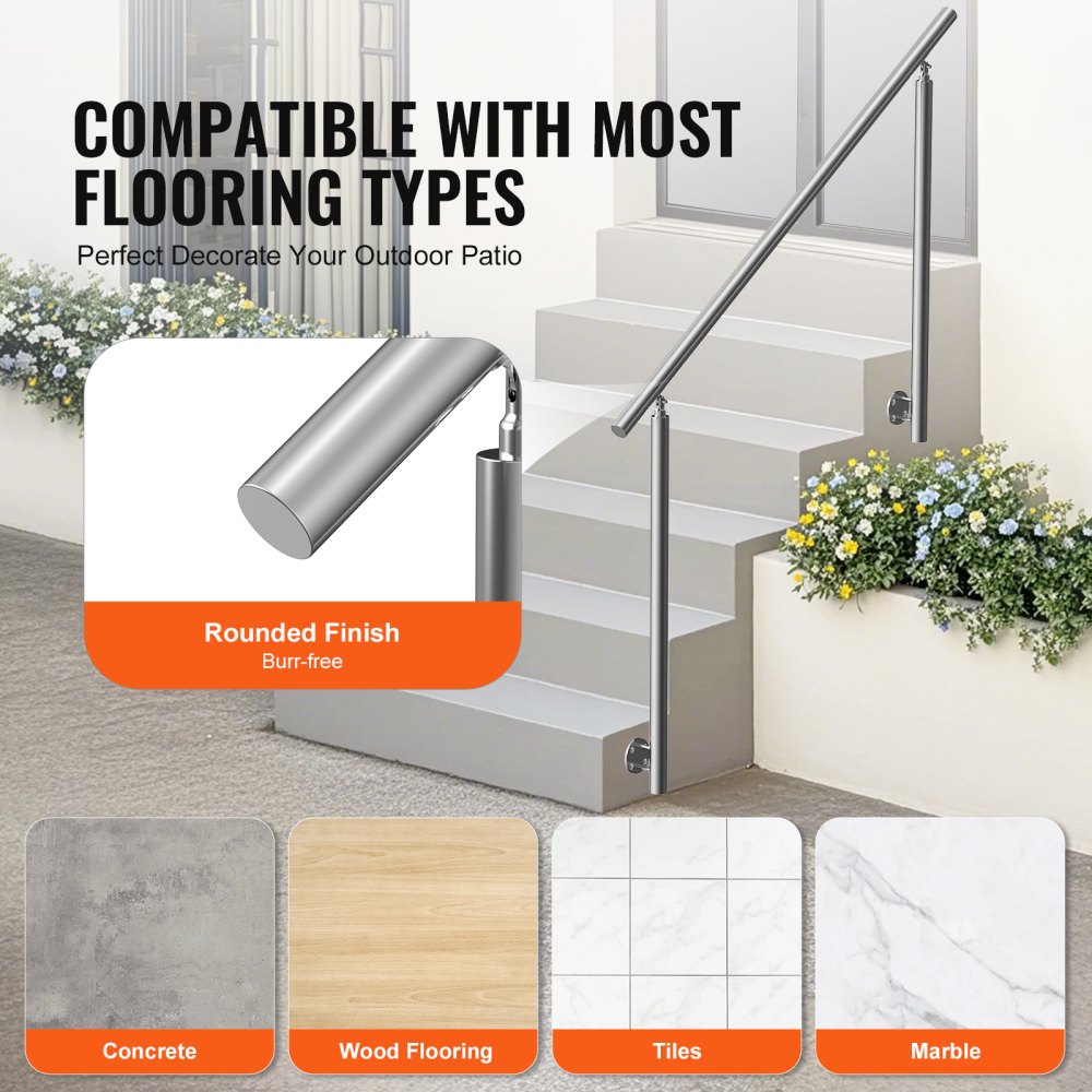VEVOR Barandilla de Escalera 150 cm Pasamanos Escalera de Transición Exterior de Acero Inoxidable Kit de Instalación Montaje Lateral Barra de Soporte de Doble Columna para Casa, Porche, Terraza