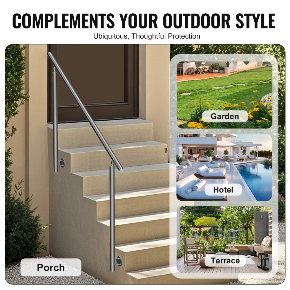 VEVOR Barandilla de Escalera 150 cm Pasamanos Escalera de Transición Exterior de Acero Inoxidable Kit de Instalación Montaje Lateral Barra de Soporte de Doble Columna para Casa, Porche, Terraza