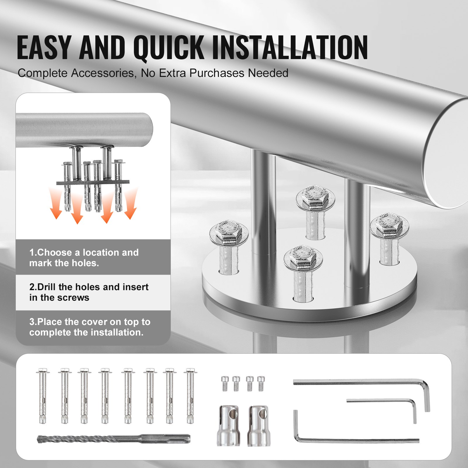 VEVOR Barandilla de Escalera 150 cm Pasamanos Escalera de Transición Exterior de Acero Inoxidable Kit de Instalación Montaje Lateral Barra de Soporte de Doble Columna para Casa, Porche, Terraza