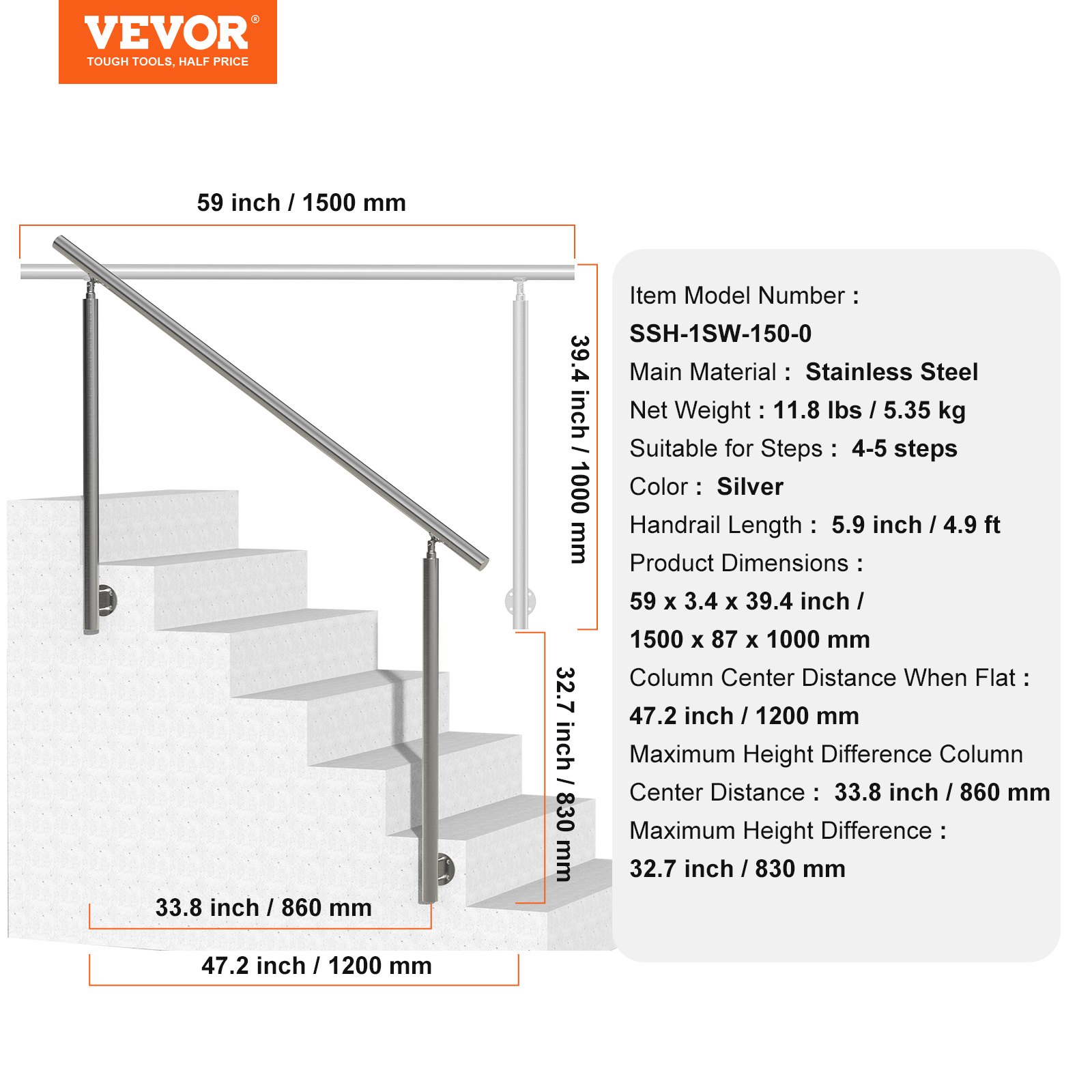 VEVOR Barandilla de Escalera 150 cm Pasamanos Escalera de Transición Exterior de Acero Inoxidable Kit de Instalación Montaje Lateral Barra de Soporte de Doble Columna para Casa, Porche, Terraza