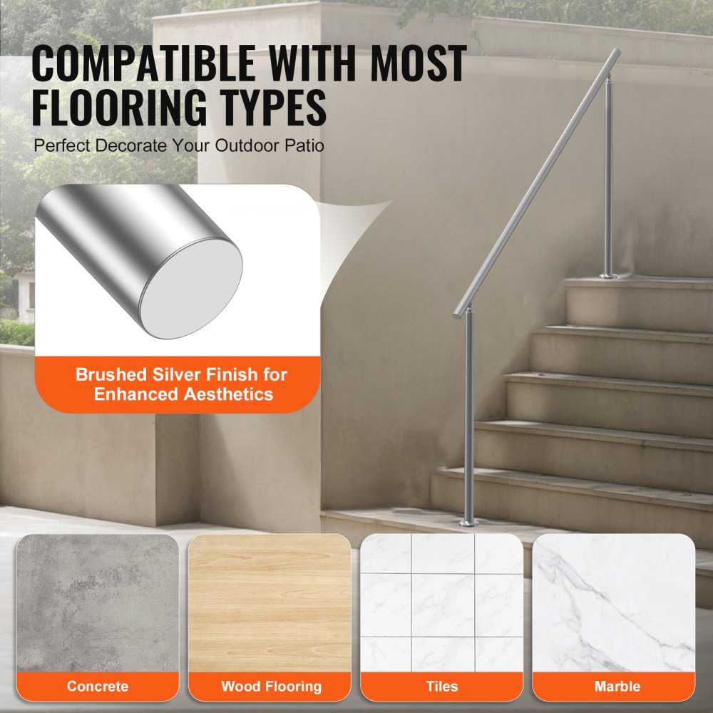 VEVOR Pasamanos de Escalera 180 cm Barandilla de Escalera para Escalones Exteriores de Acero Inoxidable con Kit de Instalación Barra de Agarre de Doble Columna para Personas Mayores, Porche, Patio