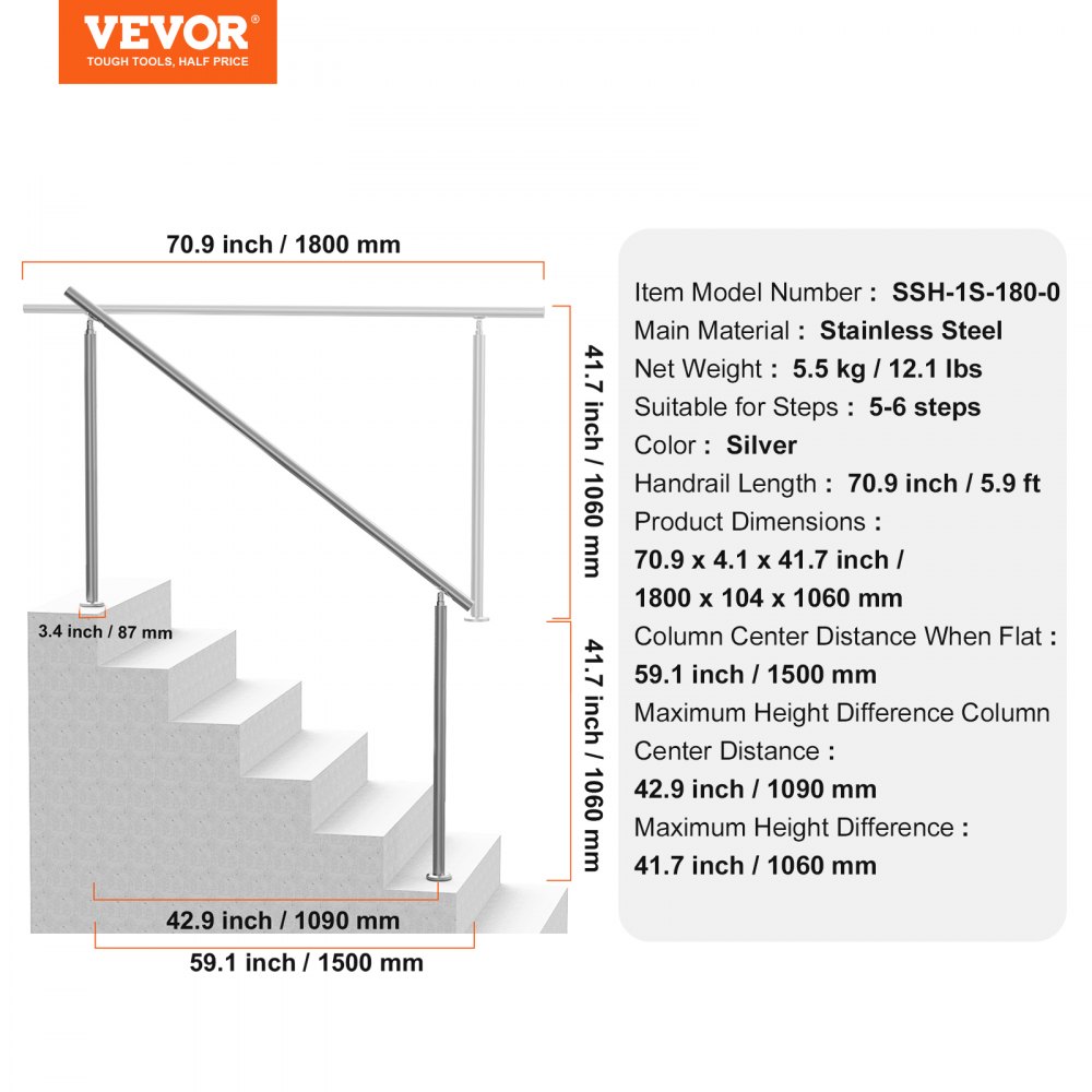 VEVOR Pasamanos de Escalera 180 cm Barandilla de Escalera para Escalones Exteriores de Acero Inoxidable con Kit de Instalación Barra de Agarre de Doble Columna para Personas Mayores, Porche, Patio
