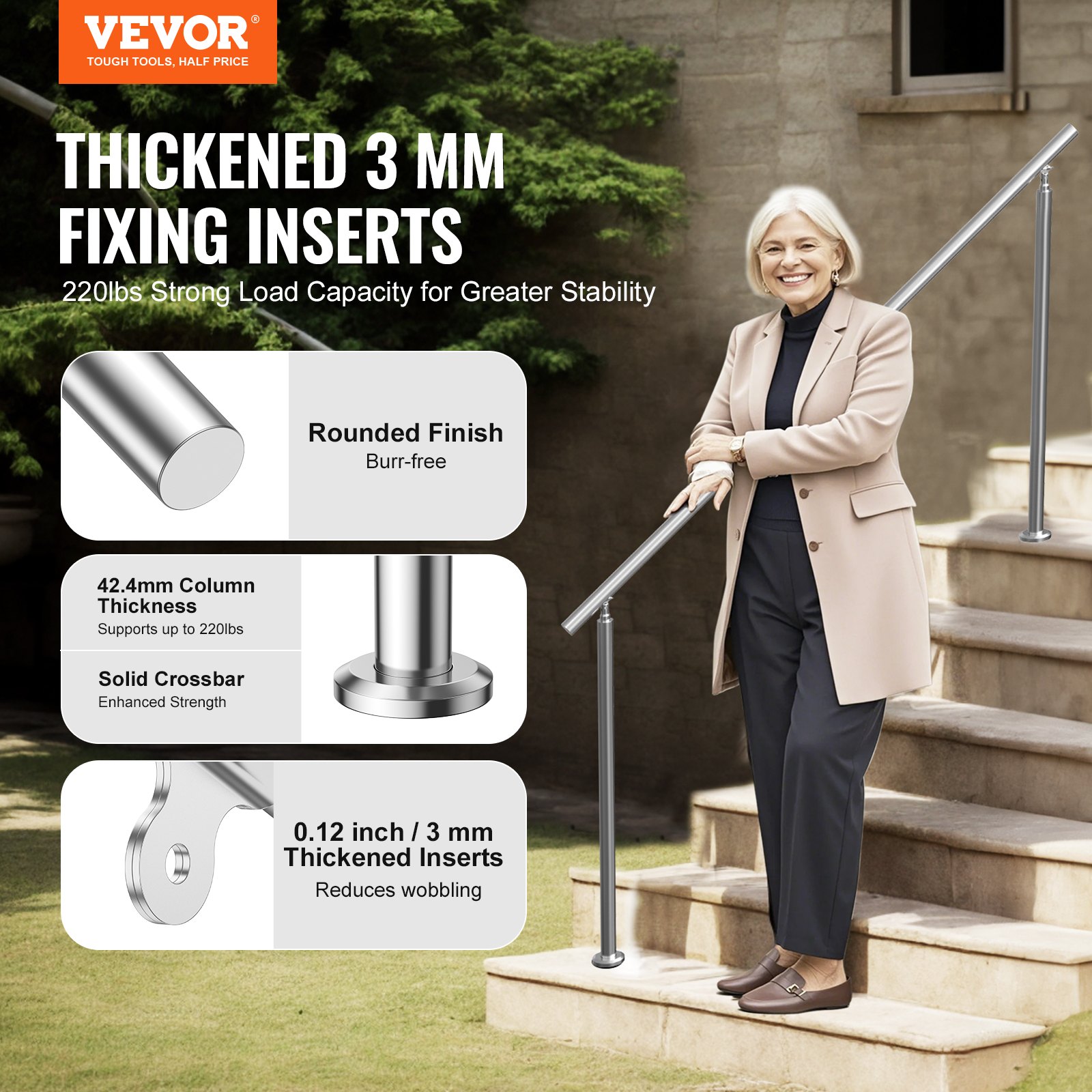 VEVOR Pasamanos de Escalera 180 cm Barandilla de Escalera para Escalones Exteriores de Acero Inoxidable con Kit de Instalación Barra de Agarre de Doble Columna para Personas Mayores, Porche, Patio