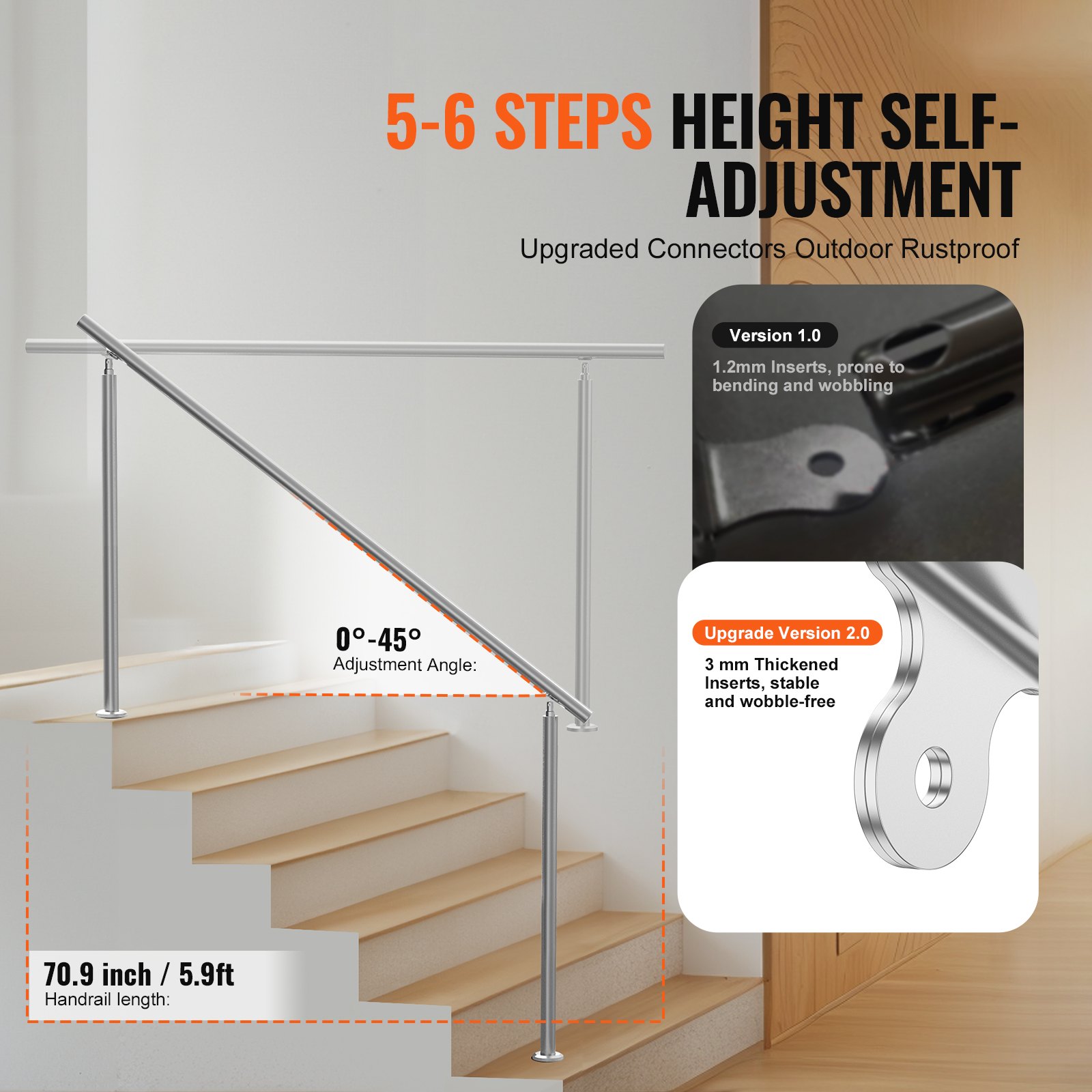 VEVOR Pasamanos de Escalera 180 cm Barandilla de Escalera para Escalones Exteriores de Acero Inoxidable con Kit de Instalación Barra de Agarre de Doble Columna para Personas Mayores, Porche, Patio