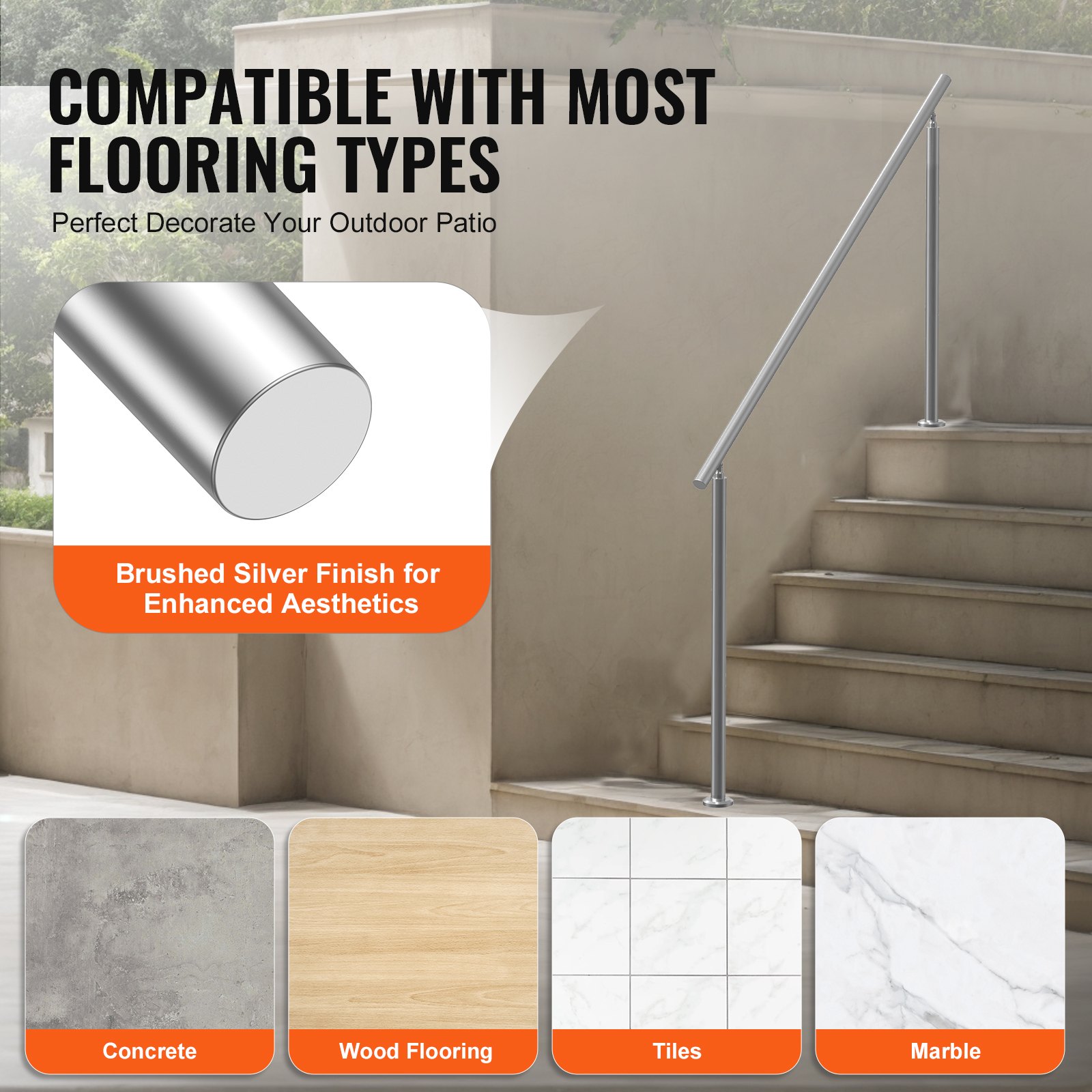 VEVOR Pasamanos de Escalera 180 cm Barandilla de Escalera para Escalones Exteriores de Acero Inoxidable con Kit de Instalación Barra de Agarre de Doble Columna para Personas Mayores, Porche, Patio