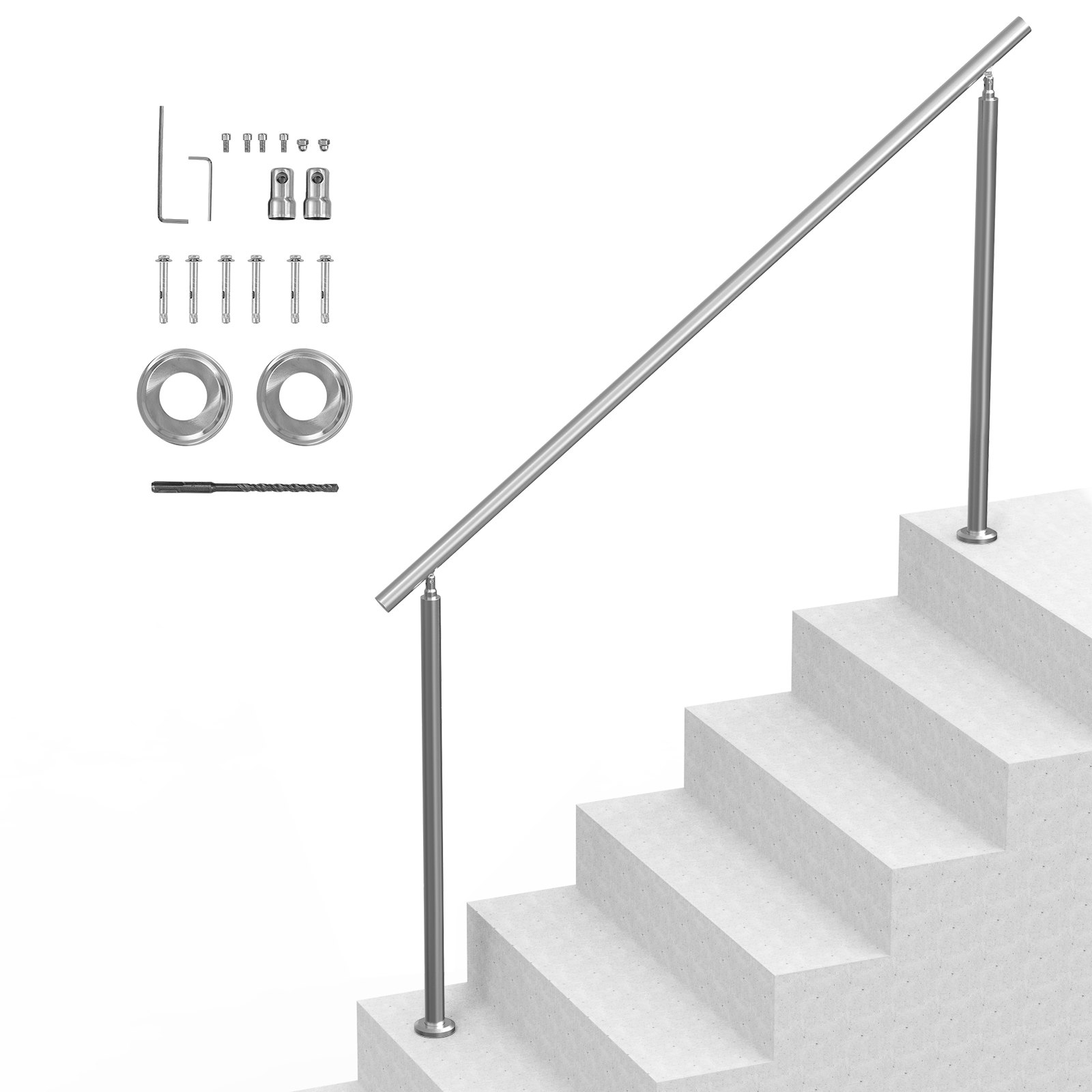 VEVOR Pasamanos de Escalera 180 cm Barandilla de Escalera para Escalones Exteriores de Acero Inoxidable con Kit de Instalación Barra de Agarre de Doble Columna para Personas Mayores, Porche, Patio