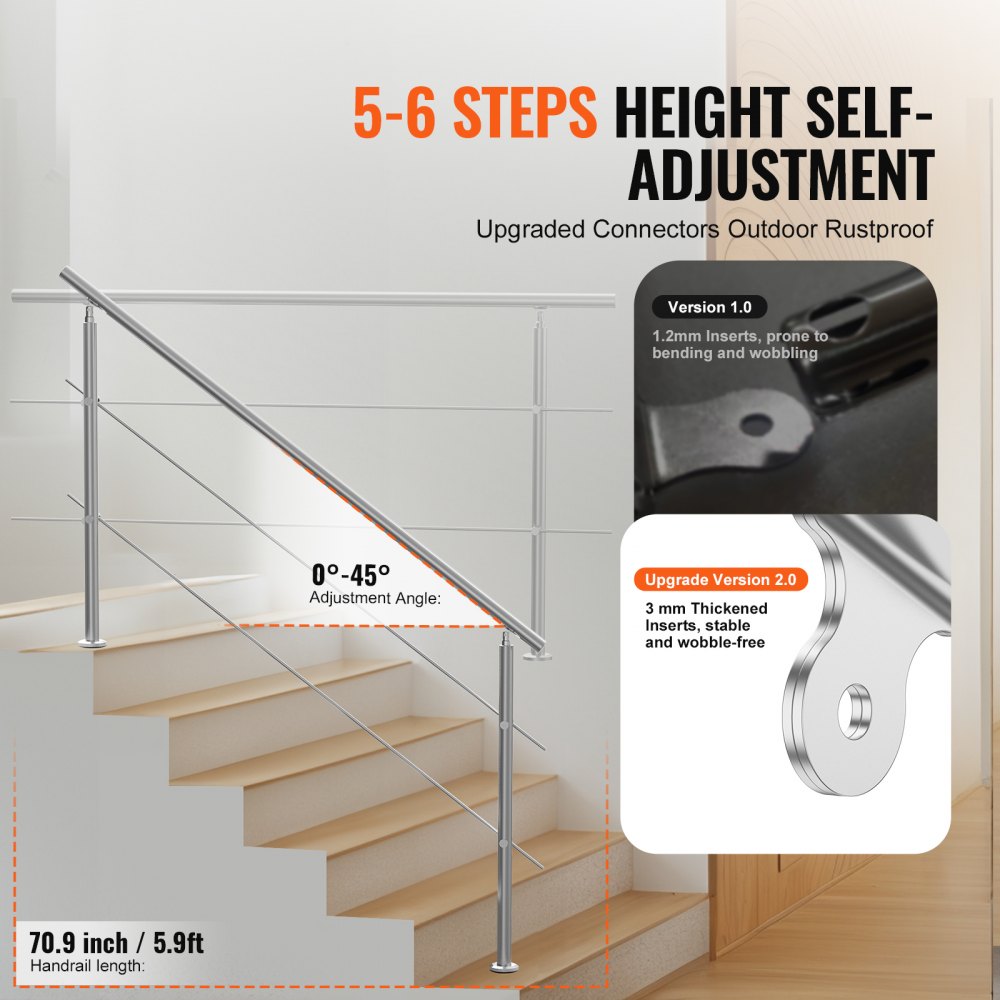 VEVOR Pasamanos de Escalera 180 cm Barandilla de Escalera para Escalones Exteriores de Acero Inoxidable 2 Travesaños con Kit de Instalación Barra de Agarre para Personas Mayores, Porche, Patio