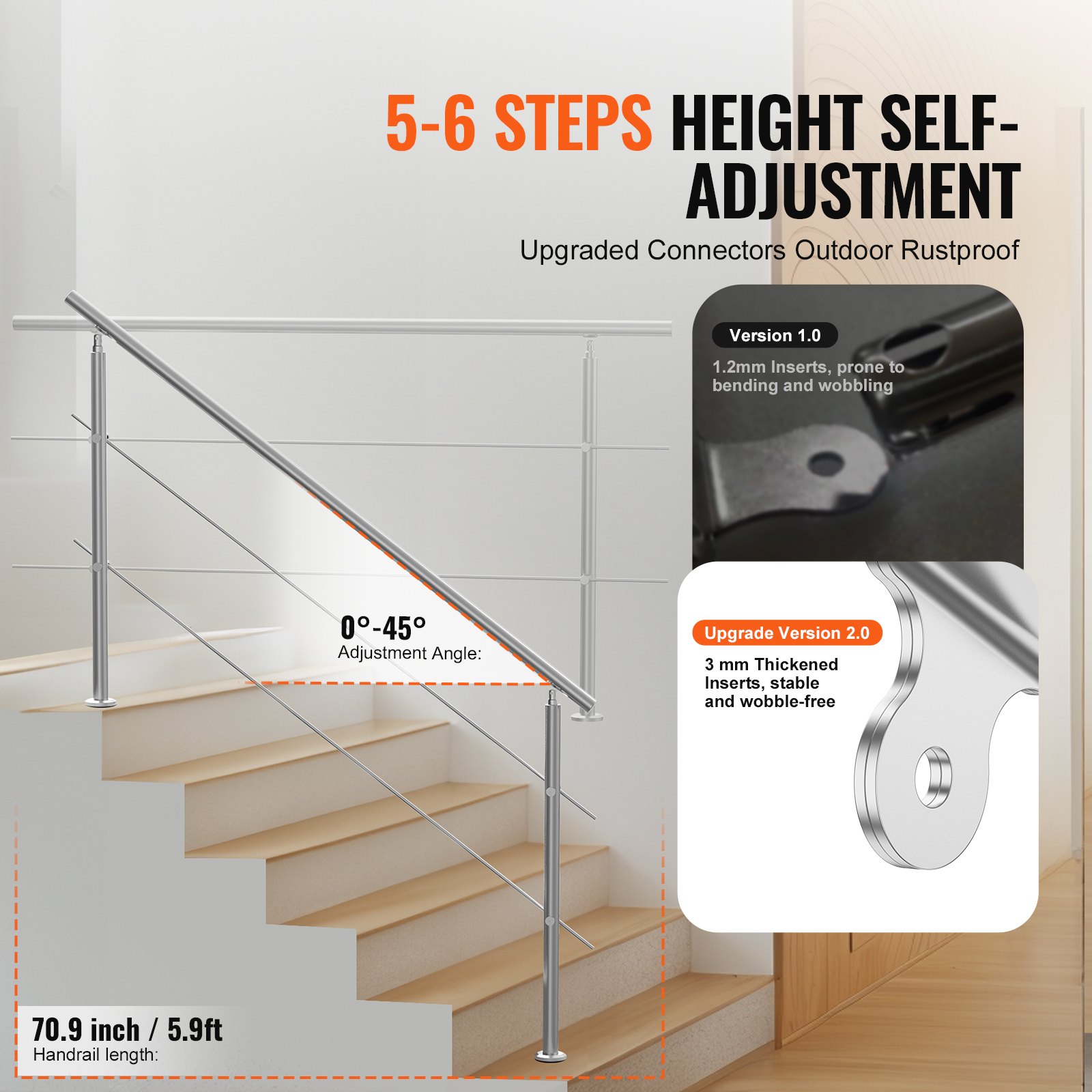 VEVOR Pasamanos de Escalera 180 cm Barandilla de Escalera para Escalones Exteriores de Acero Inoxidable 2 Travesaños con Kit de Instalación Barra de Agarre para Personas Mayores, Porche, Patio