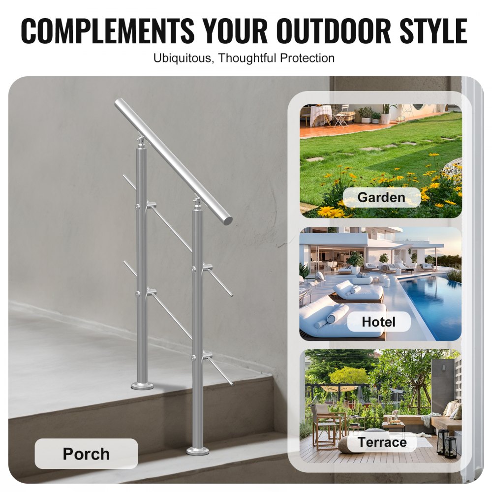 VEVOR Pasamanos de Escalera 80 cm Barandilla de Escalera para Escalones Exteriores de Acero Inoxidable 2 Travesaños con Kit de Instalación Barra de Agarre para Personas Mayores, Porche, Patio