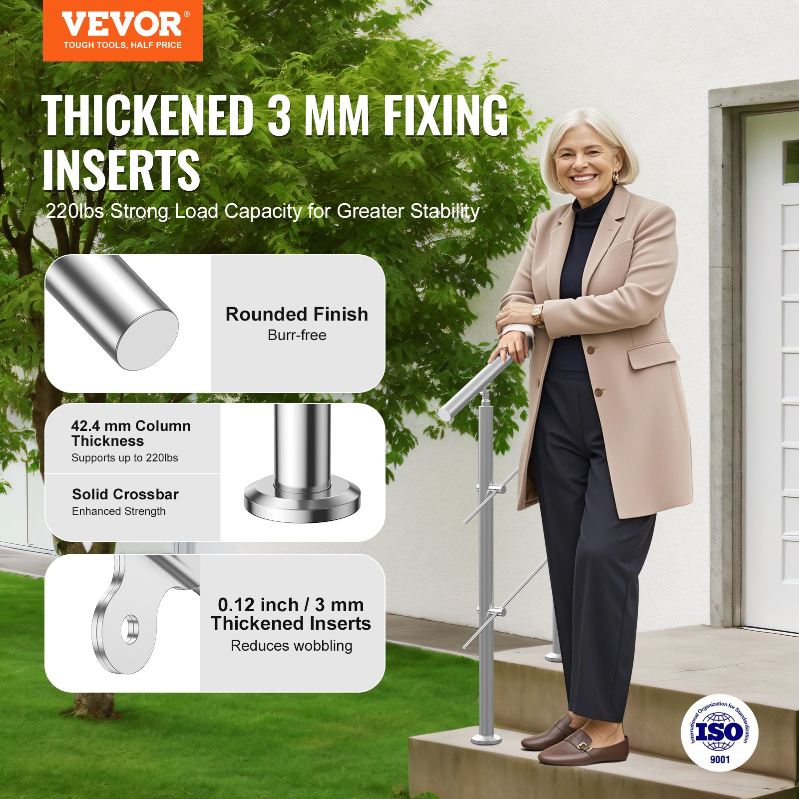 VEVOR Pasamanos de Escalera 80 cm Barandilla de Escalera para Escalones Exteriores de Acero Inoxidable 2 Travesaños con Kit de Instalación Barra de Agarre para Personas Mayores, Porche, Patio