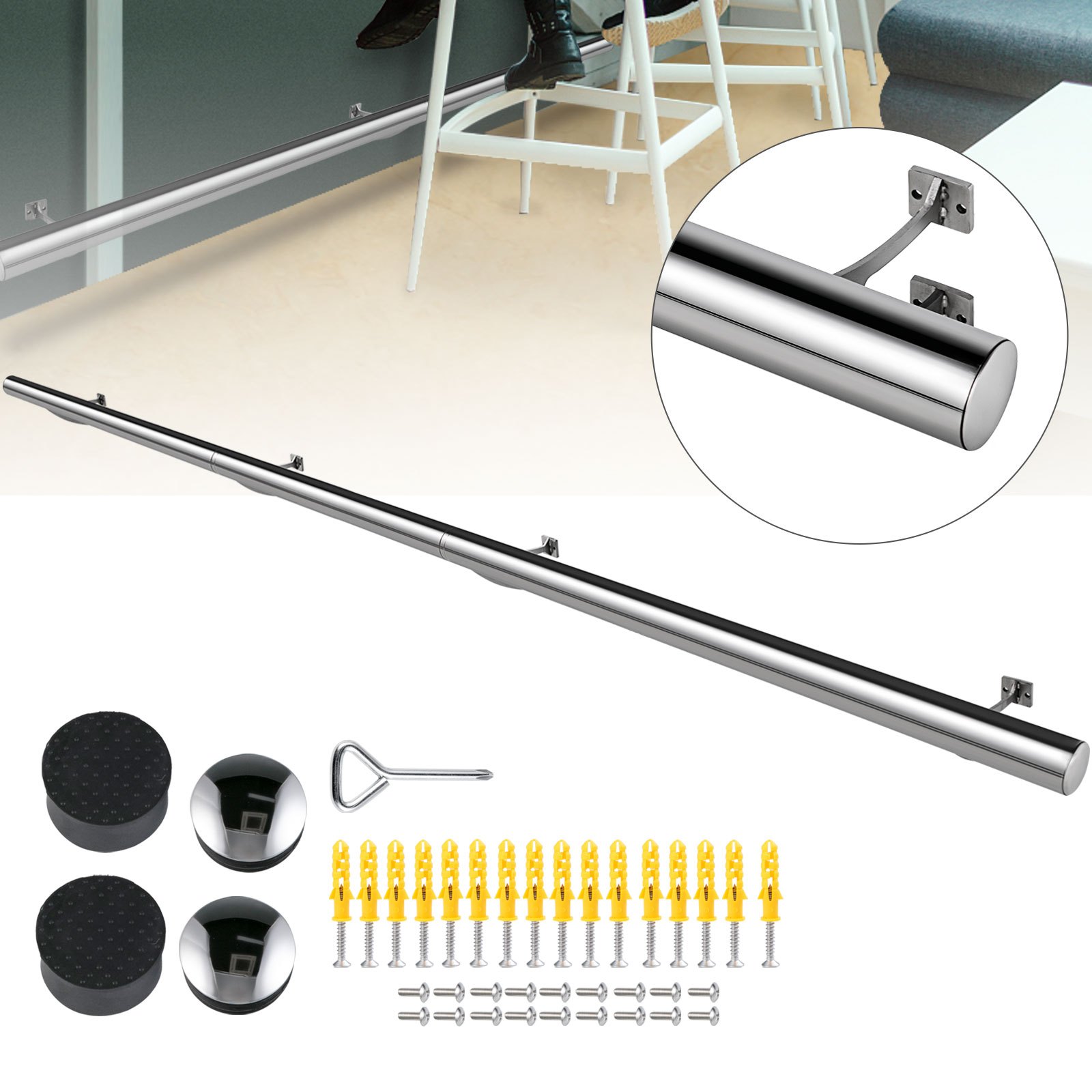 Kit De Barra Extensible De Acero Inoxidable Barra 274cm Rieles Pie Montaje Pared