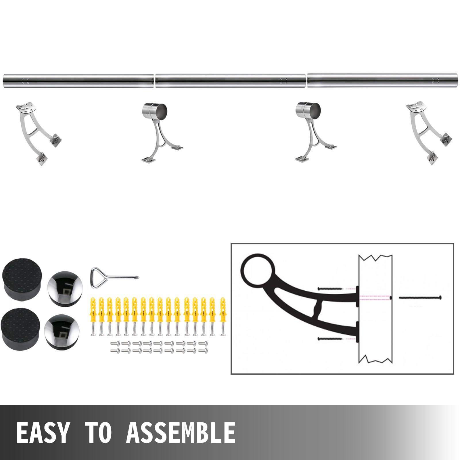 Kit De Barra Extensible De Acero Inoxidable Barra 274cm Rieles Pie Montaje Pared