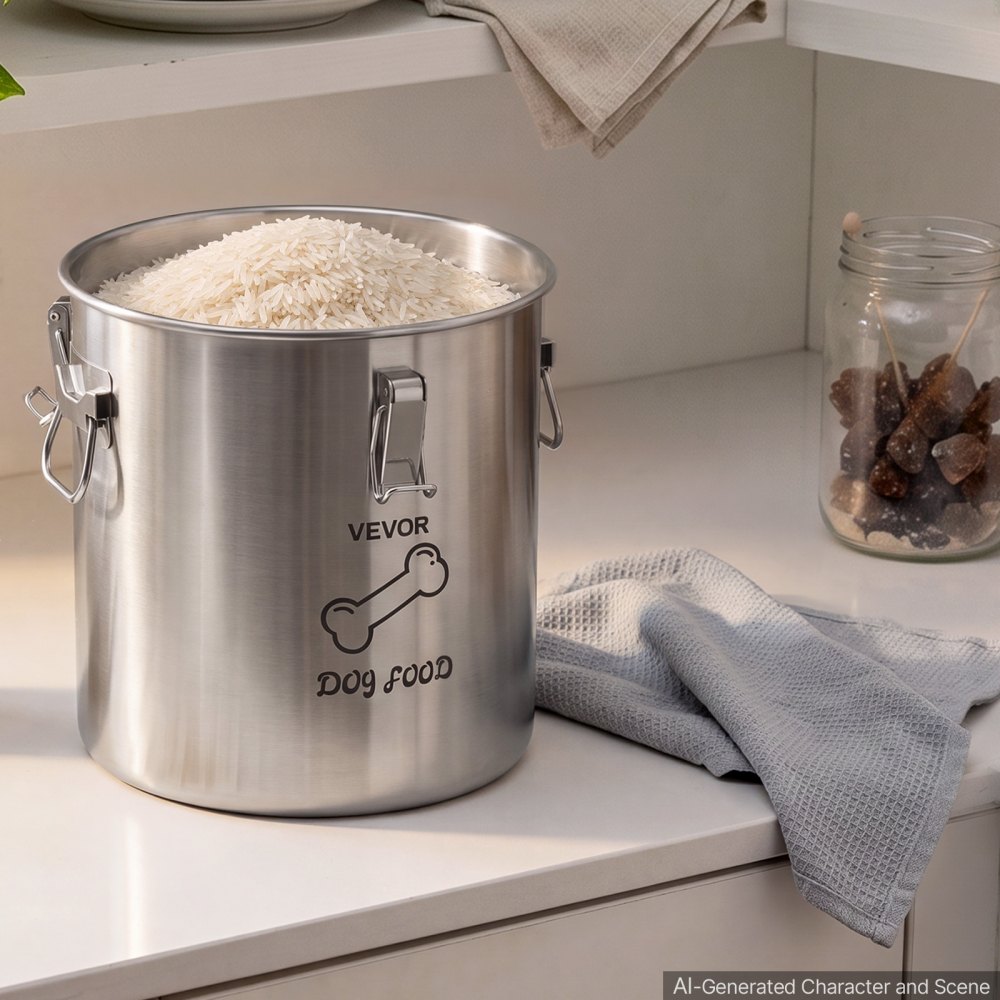 VEVOR Contenedor de Alimento para Perros de Acero Inoxidable 20 L con Tapa y Asas, Recipiente de Metal para Arroz, Harina, Granos de Café, Mantener las Comidas Frescas, para Sala de Estar, Cocina