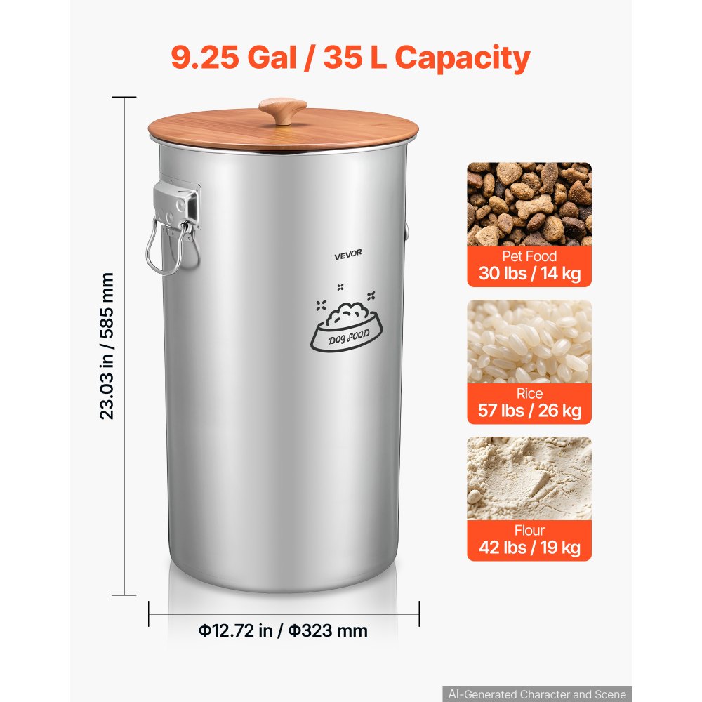 VEVOR Contenedor de Alimento para Perros de Acero Inoxidable 35 L con Tapa y Asas, Recipiente de Metal para Arroz, Harina, Granos de Café, Mantener las Comidas Frescas, para Sala de Estar, Cocina