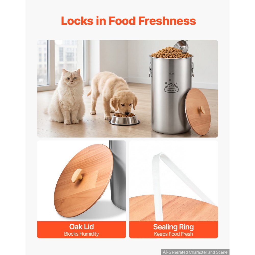 VEVOR Contenedor de Alimento para Perros de Acero Inoxidable 35 L con Tapa y Asas, Recipiente de Metal para Arroz, Harina, Granos de Café, Mantener las Comidas Frescas, para Sala de Estar, Cocina
