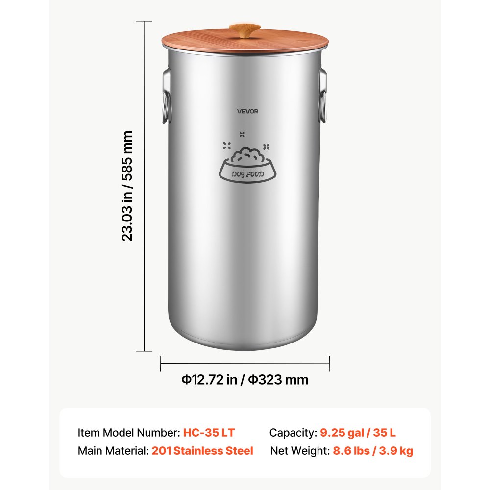 VEVOR Contenedor de Alimento para Perros de Acero Inoxidable 35 L con Tapa y Asas, Recipiente de Metal para Arroz, Harina, Granos de Café, Mantener las Comidas Frescas, para Sala de Estar, Cocina