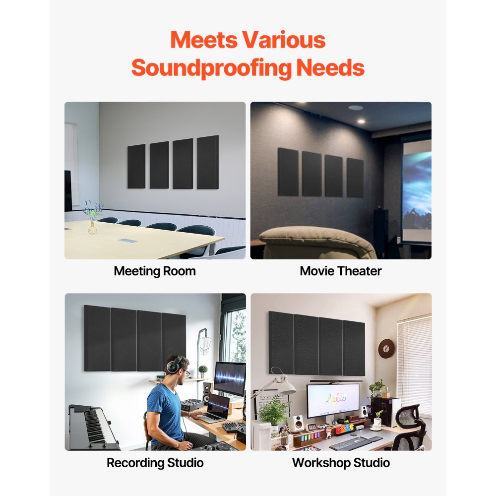 VEVOR Paneles Acústicos de Fibra de Vidrio, Paneles de Absorción de Sonido, Insonorizados Autoadhesivos, para Estudios, Oficinas, Cine en Casa, Salas de Reuniones, Negro, 600 x 300 x 50 mm, 4 uds