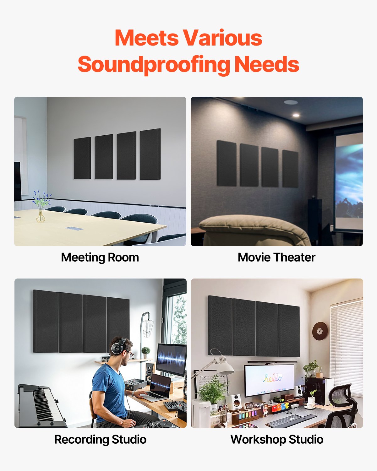 VEVOR Acoustic Panels, 4 pieces, 600x300x50 mm, Fiberglass, Sound-Absorbing Panels, Self-Adhesive, Acoustic Wall Panels, for Studios, Offices, Home Cinemas, Conference Rooms, Black