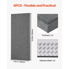 VEVOR Paneles Acústicos de Fibra de Vidrio, Paneles de Absorción de Sonido, Insonorizados Autoadhesivos, para Estudios, Oficinas, Cine en Casa, Salas de Reuniones, Gris, 600 x 300 x 50 mm, 4 uds