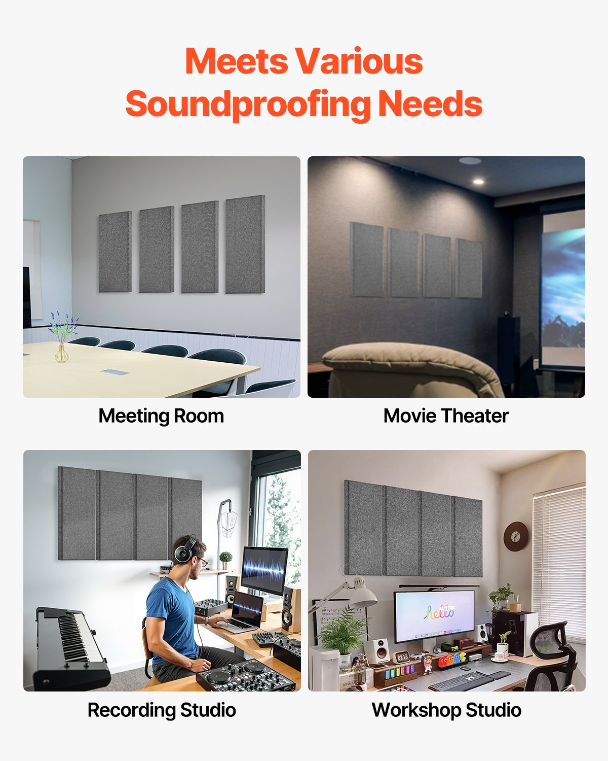 VEVOR acoustic panels, 4 pieces, 600x300x50 mm, fiberglass, sound-absorbing panels, self-adhesive, acoustic wall panels, for studios, offices, home cinemas, conference rooms, gray