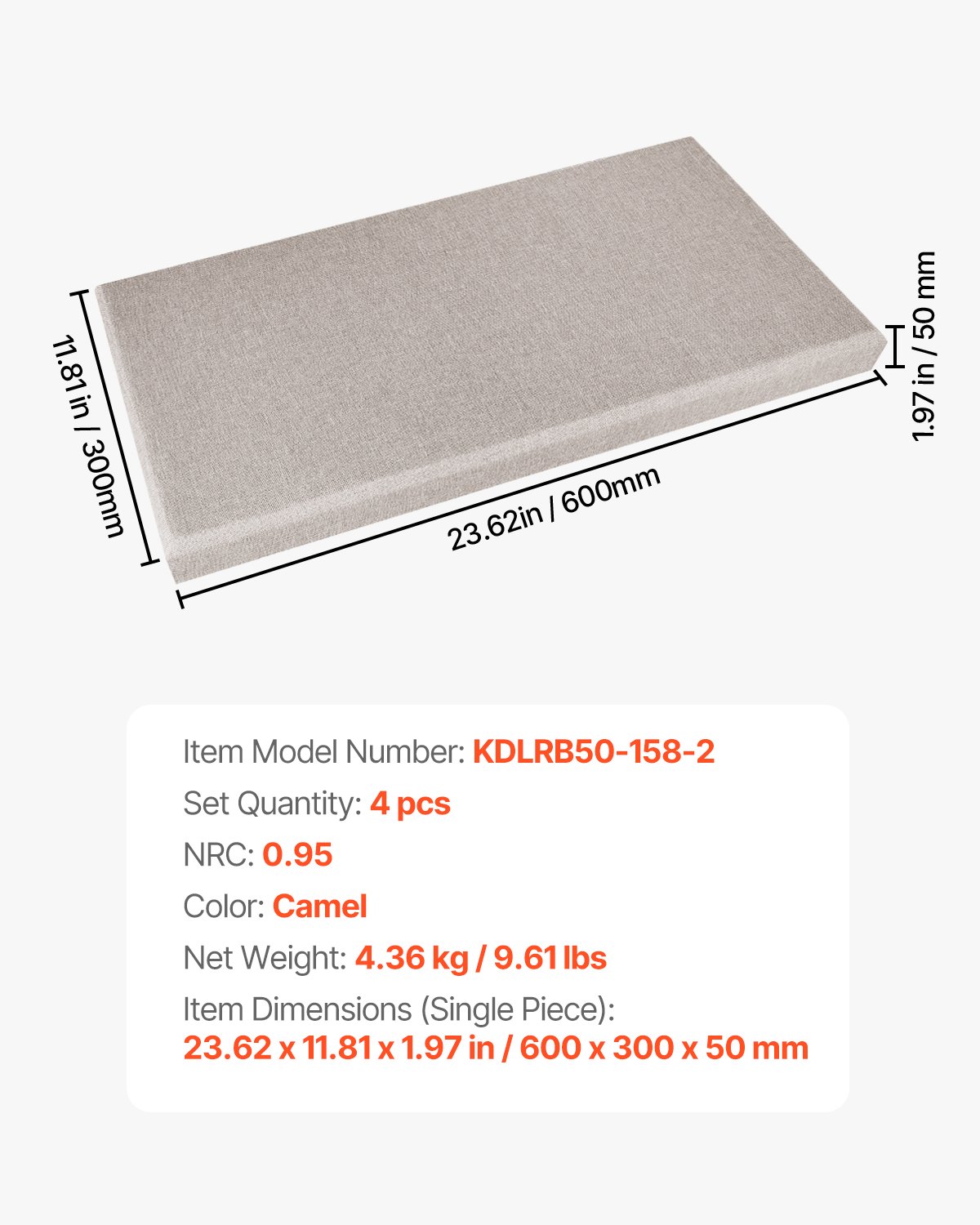 VEVOR Paneles Acústicos de Fibra de Vidrio, Paneles de Absorción de Sonido, Insonorizados Autoadhesivos, para Estudios, Oficinas, Cine en Casa, Salas de Reuniones, Camello, 600 x 300 x 50 mm, 4 uds