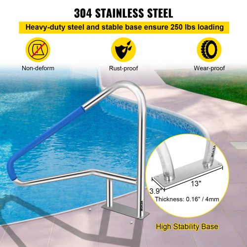 VEVOR Barandilla para Piscina 139,7 x 81,2 cm Pasamanos de Piscina Acero Inoxidable Agarradera Exterior Piscina Carga 113kg Barandilla de Seguridad de Piscina con Cubierta de Nailon Tornillos Broca M8