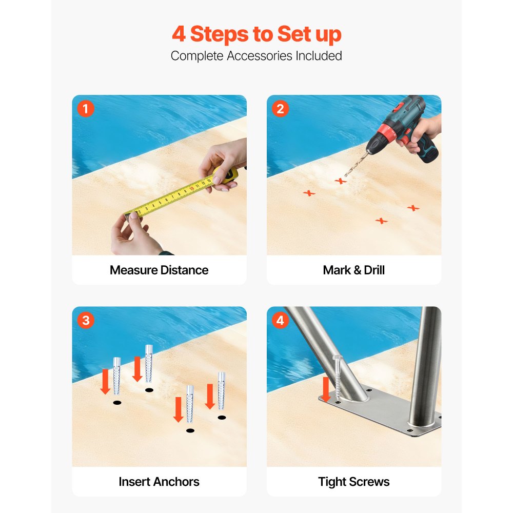 VEVOR Barandilla para Piscina, Carga de 100 kg, Acero Inoxidable 304, Cubierta Antideslizante Extraíble, Amplia Gama de Accesorios, para Piscinas, Parques Acuáticos y Spas, 1220 x 100 x 915 mm