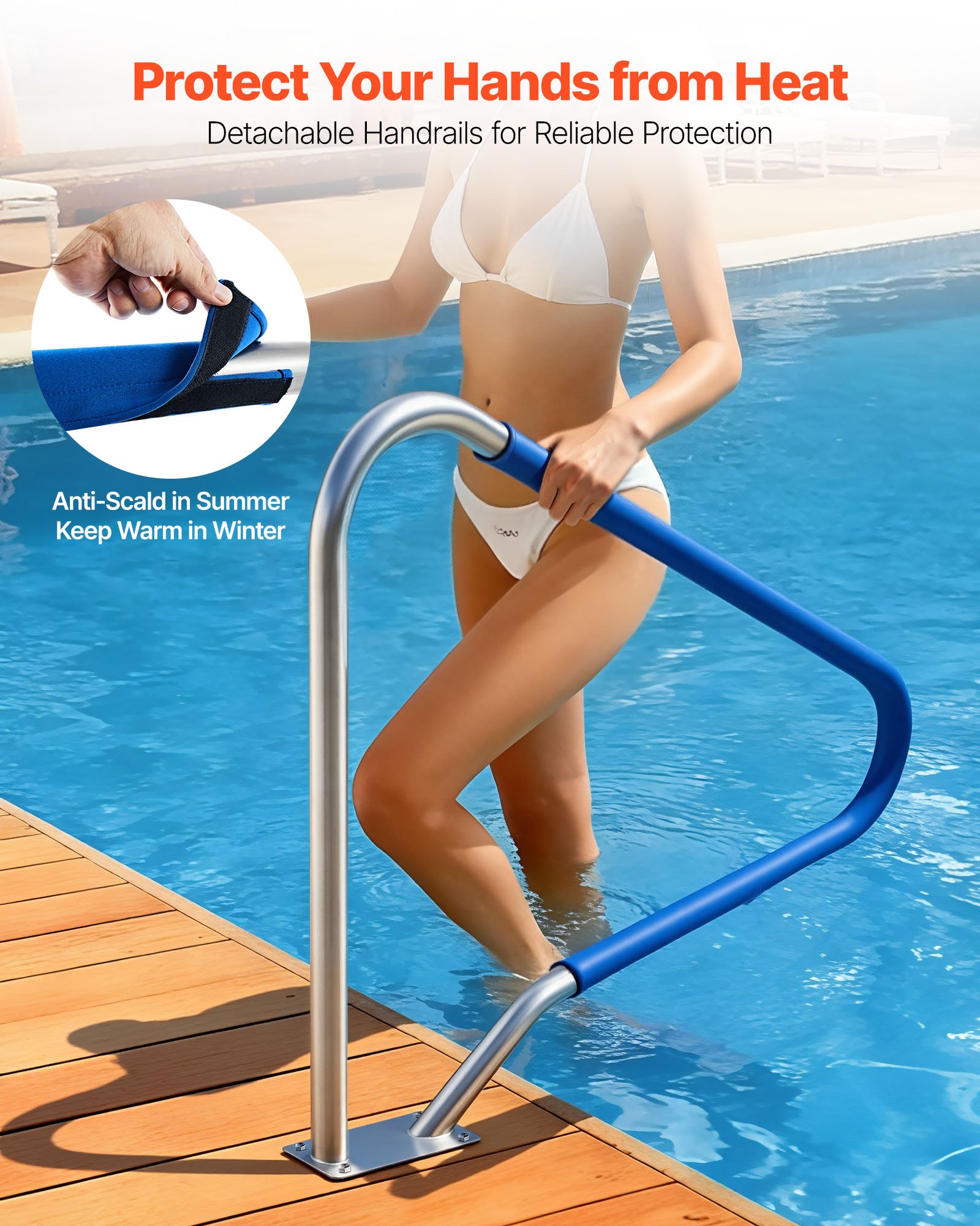 VEVOR Barandilla para Piscina, Carga de 100 kg, Acero Inoxidable 304, Cubierta Antideslizante Extraíble, Amplia Gama de Accesorios, para Piscinas, Parques Acuáticos y Spas, 1220 x 100 x 915 mm